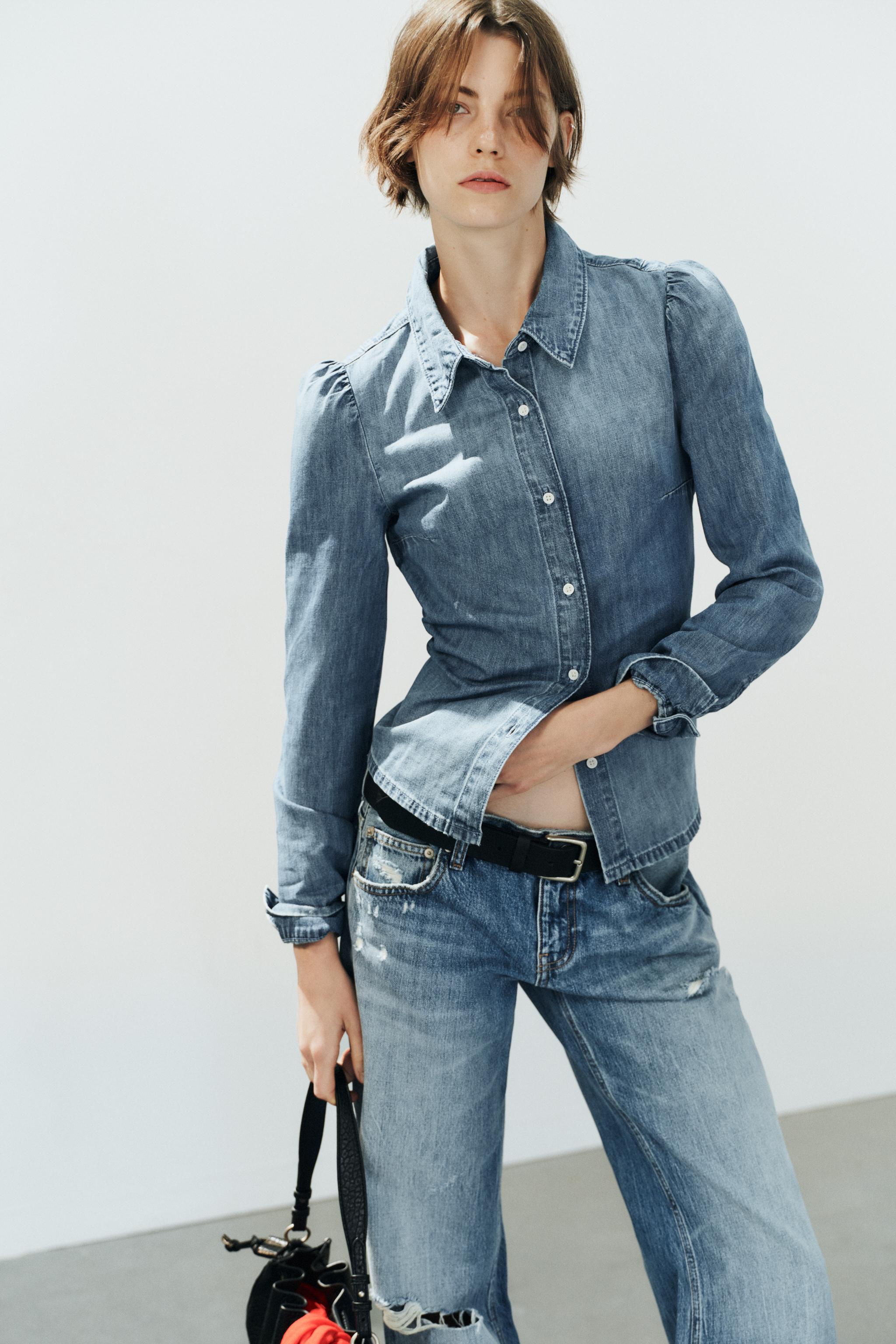TRF GATHERED SHOULDER DENIM SHIRT